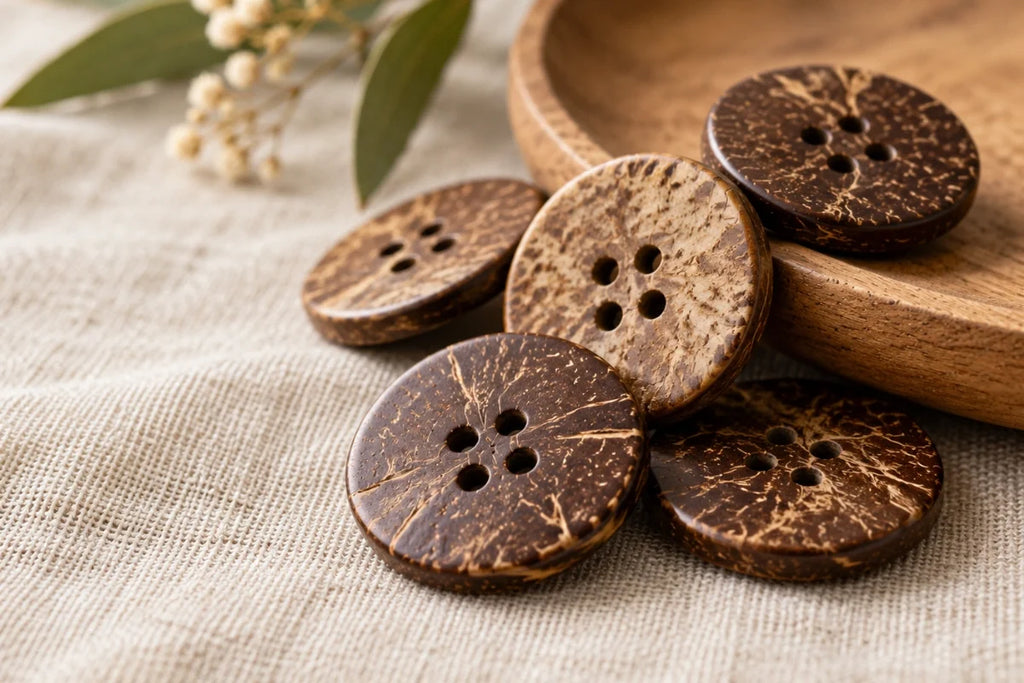 Loose coconut shell buttons in varied shades of brown laid on a printed aloha shirt fabric