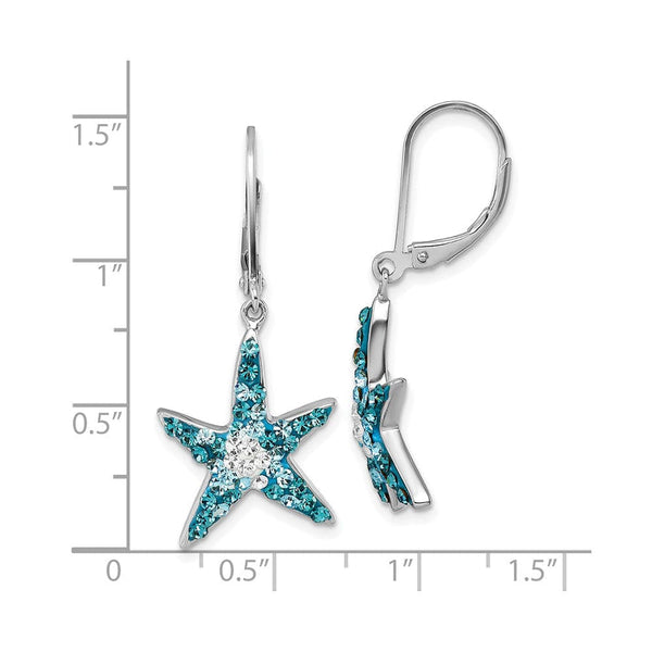 Sterling Silver Blue and White Crystal Starfish Leverback Earrings