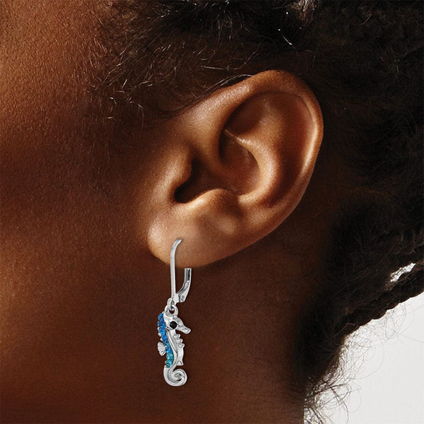 Sterling Silver Polished Blue Crystal Seahorse Dangle Earrings