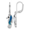 Sterling Silver Polished Blue Crystal Seahorse Dangle Earrings