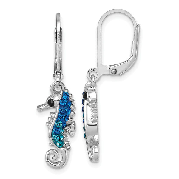 Sterling Silver Polished Blue Crystal Seahorse Dangle Earrings