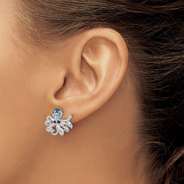Sterling Silver Polished Blue and White Crystal Octopus Post Earrings