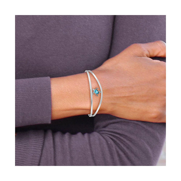 Sterling Silver Polished and Antiqued Blue Crystal Turtle Bangle
