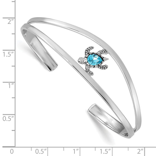 Sterling Silver Polished and Antiqued Blue Crystal Turtle Bangle