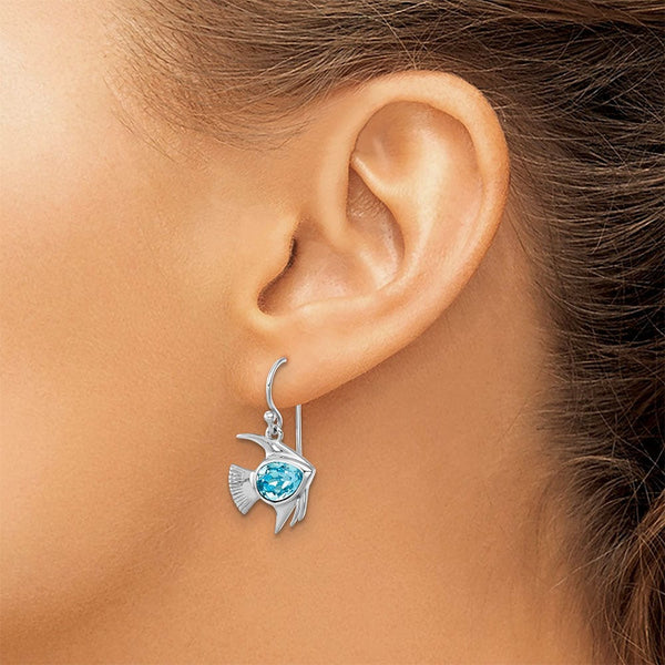 Sterling Silver Polished Blue Crystal Angel Fish Dangle Earrings