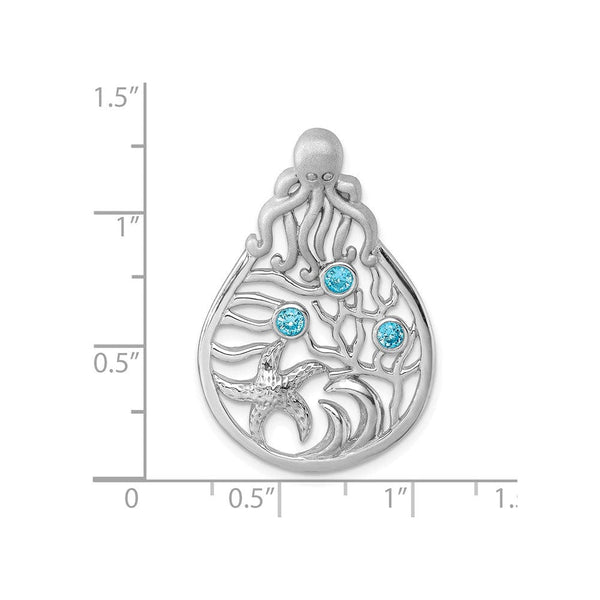 Sterling Silver Polished Octopus and Starfish Sea Life Scene Pendant