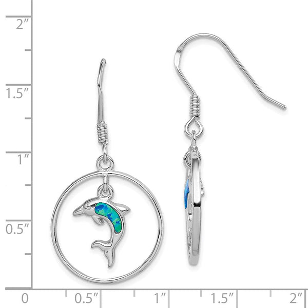 Sterling Silver Created Blue Opal Dolphin Dangle Earrings
