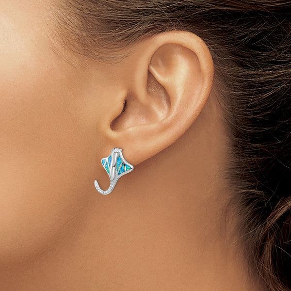 Sterling Silver Created Blue Opal Stingray Post Earrings