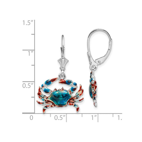 Sterling Silver Enameled Blue Crab Leverback Earrings