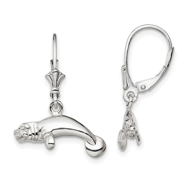 Sterling Silver Polished 3D Manatee Leverback Earrings