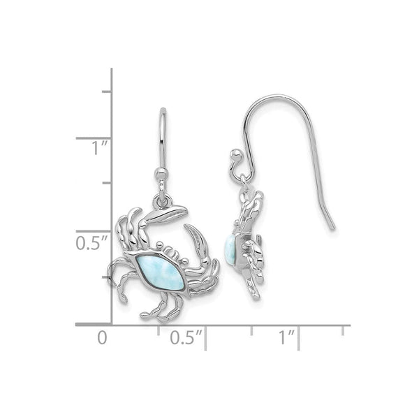 Sterling Silver Polished Larimar Crab Dangle Shepherd Hook Earrings
