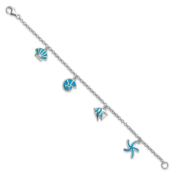 Sterling Silver Created Opal Fish and Shells Charm 7.25 inch Bracelet