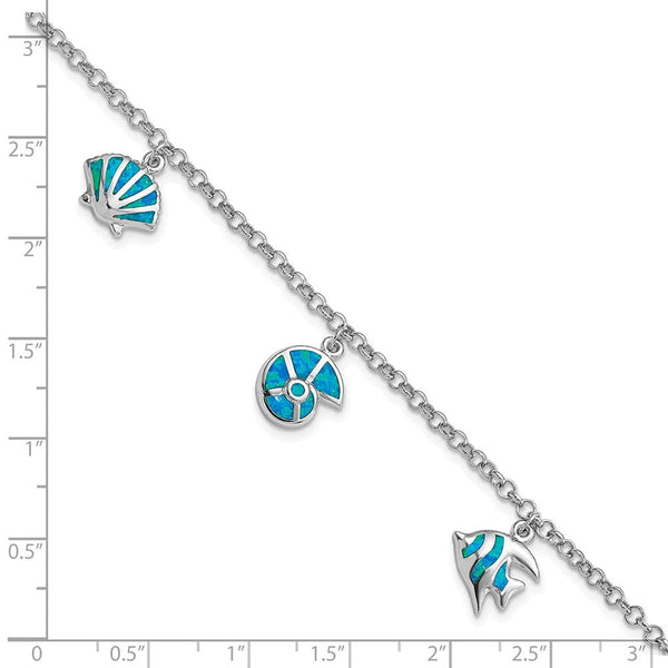 Sterling Silver Created Opal Fish and Shells Charm 7.25 inch Bracelet