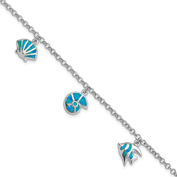 Sterling Silver Created Opal Fish and Shells Charm 7.25 inch Bracelet