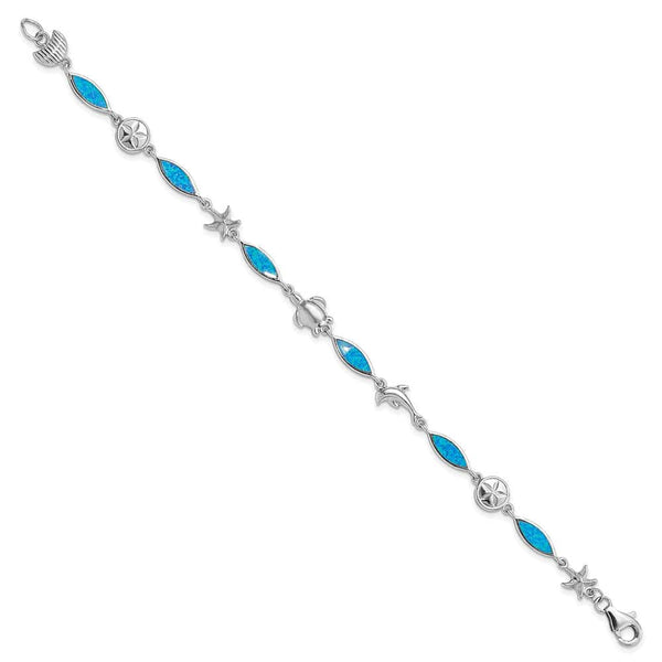 Sterling Silver Created Opal Sea Life 7 inch Bracelet