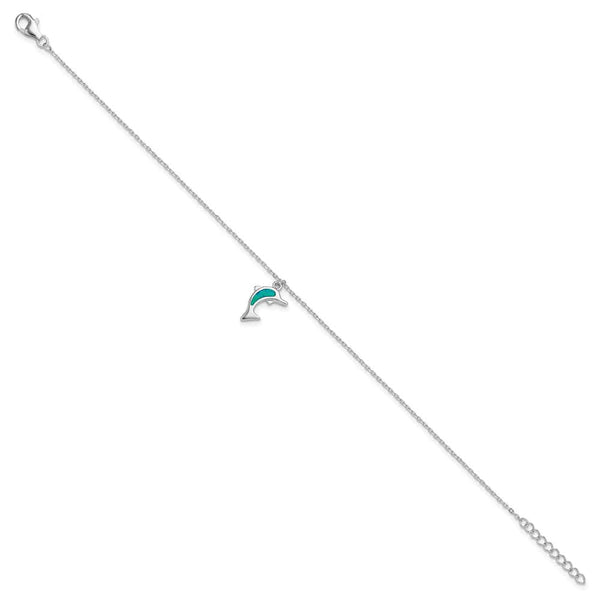 Sterling Silver Created Opal Dolphin 9 inch with a 1-inch extension Anklet