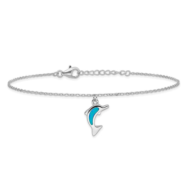 Sterling Silver Created Opal Dolphin 9 inch with a 1-inch extension Anklet