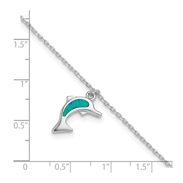 Sterling Silver Created Opal Dolphin 9 inch with a 1-inch extension Anklet