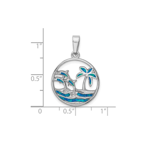 Sterling Silver Blue Created Opal Dolphins & Palm Pendant