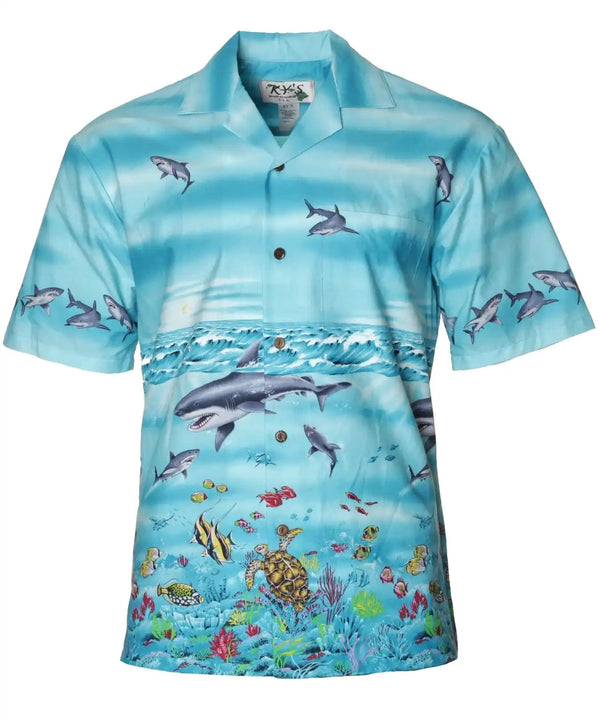 Sharks World Bottom Border Hawaiian Shirt Aqua