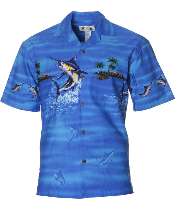 Hawaiian Border Shirt Fish Tales Jumping Marlin Blue