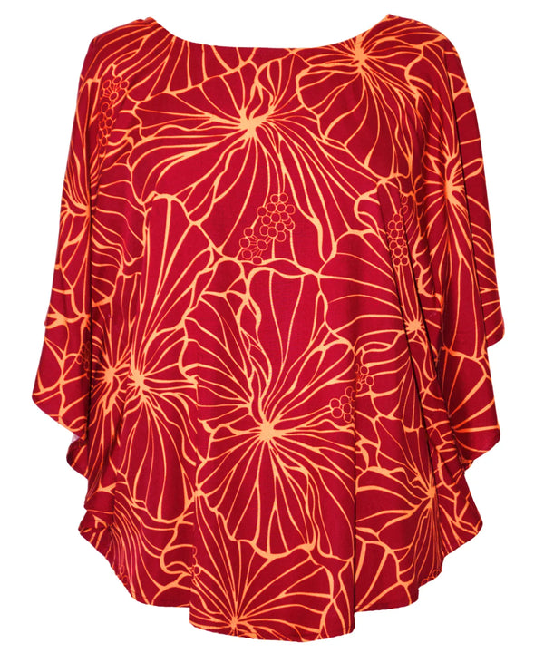 Gala Hibiscus Cocoon Top Hawaiian Blouse Burgundy