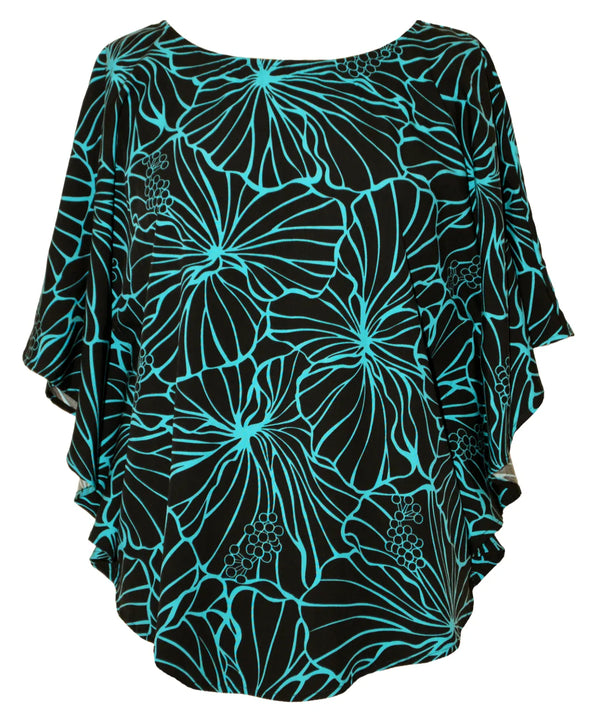 Gala Hibiscus Cocoon Top Hawaiian Blouse Teal