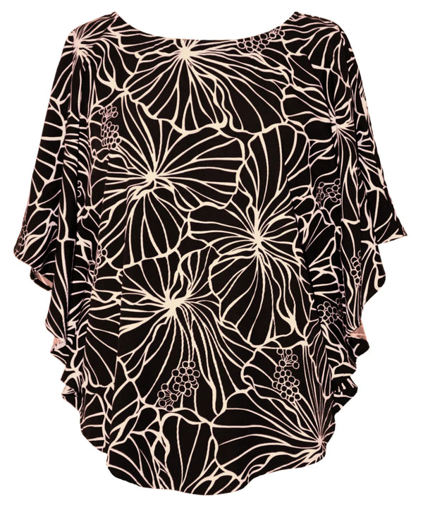 Gala Hibiscus Cocoon Top Hawaiian Blouse Black