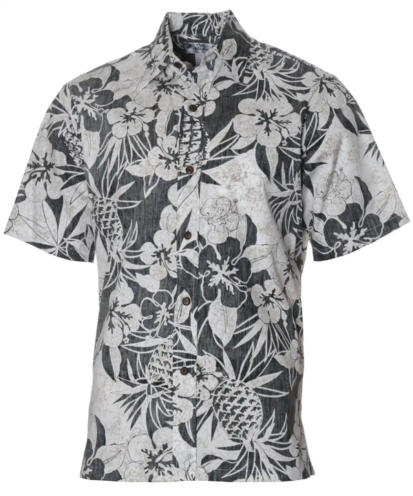 Business Casual Button-Up Pineapple Garden Dressy Aloha Shirt Black
