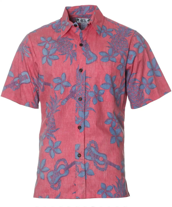 Ukuleles Business Casual Button Up Aloha Shirt Coral