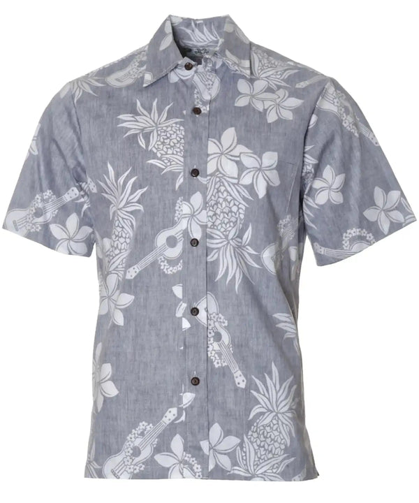 Ukuleles Business Casual Button Up Aloha Shirt Navy