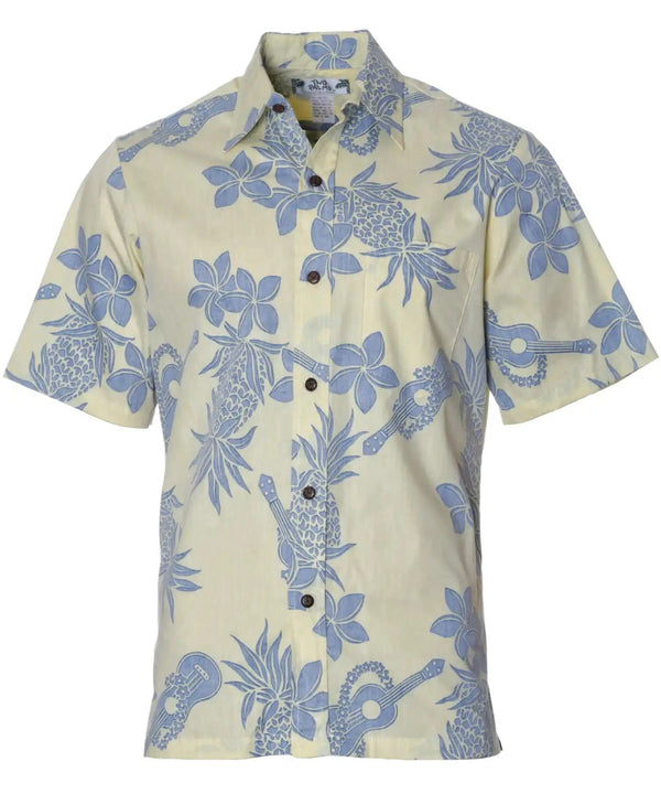 Ukuleles Business Casual Button Up Aloha Shirt Yellow