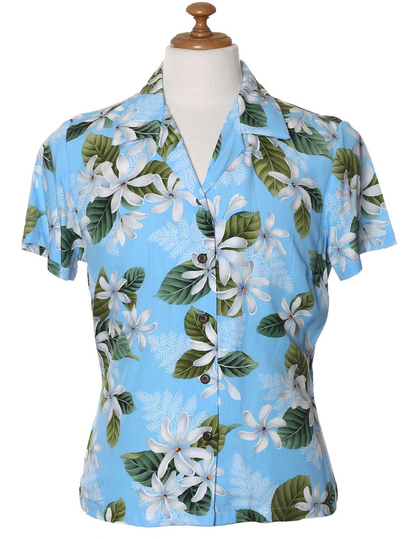 Women's Fitted Rayon Blouse White Tiare Sky Blue