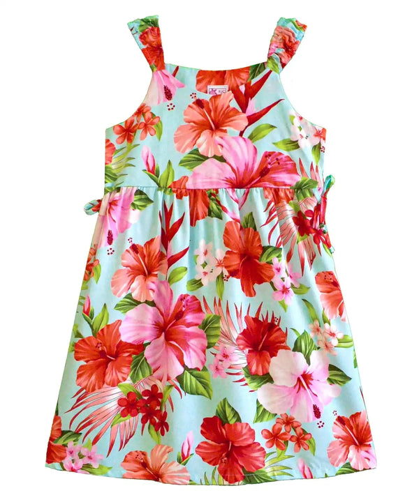 Girls Hawaiian Dress with Side Ties Mega Hibiscus Aqua