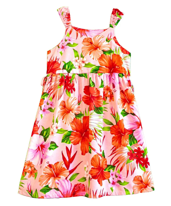 Girls Hawaiian Dress with Side Ties Mega Hibiscus Pink
