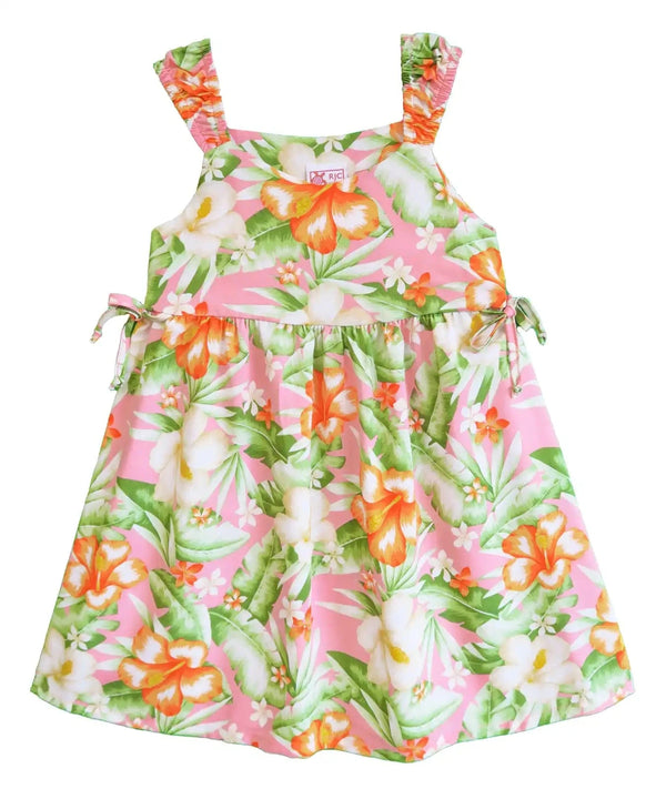 Watercolor Hibiscus Girls Hawaiian Dress with Side Ties Pink