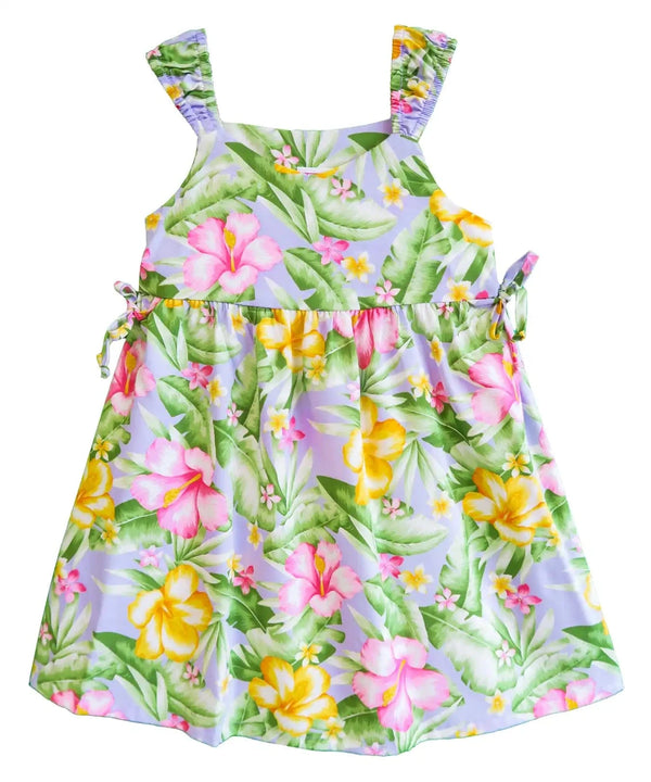 Watercolor Hibiscus Girls Hawaiian Dress with Side Ties Purple