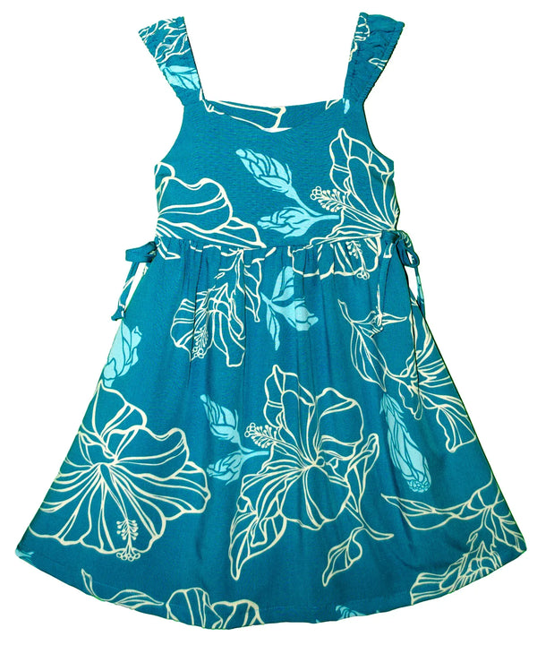 Girls Hawaiian Dress with Side Ties Blooming Hibiscus