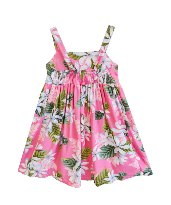 Girls Hawaiian Dress Wide Strap Elastic Back White Tiare