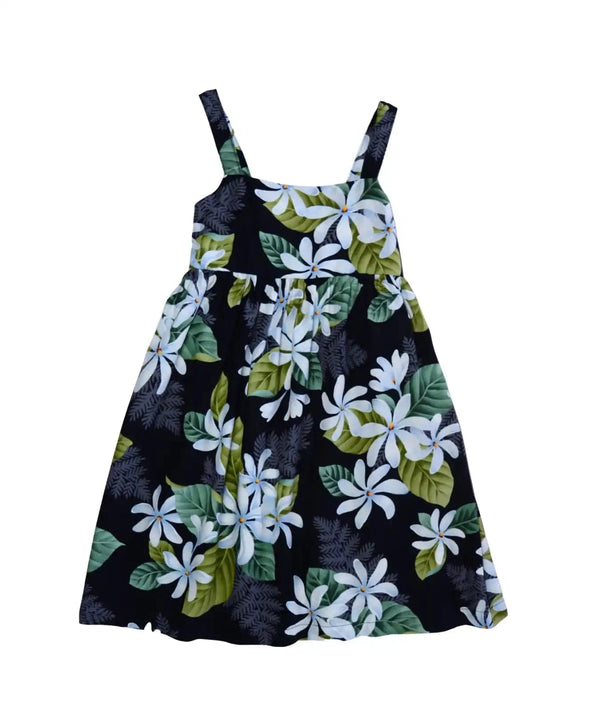 Girls Hawaiian Dress Wide Strap Elastic Back White Tiare Black