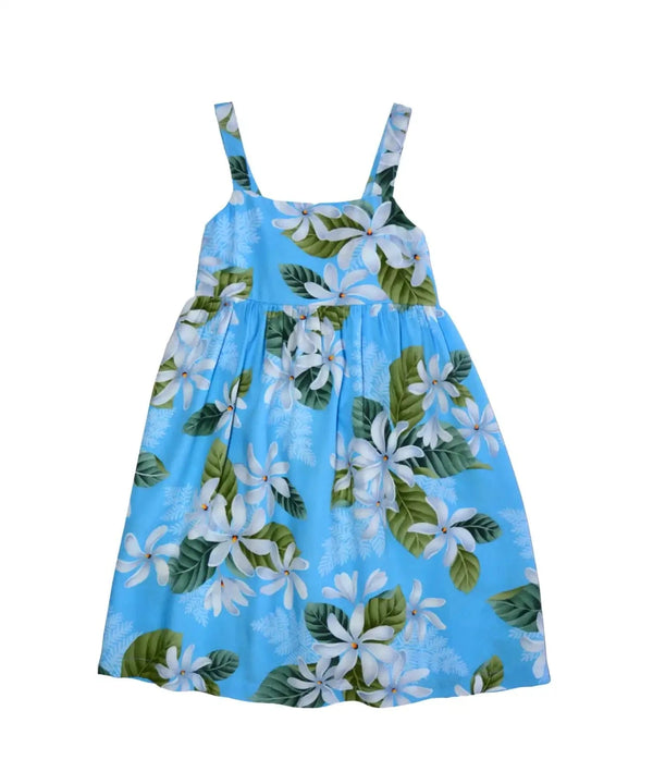Girls Hawaiian Dress Wide Strap Elastic Back White Tiare Light Blue