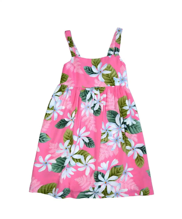 Girls Hawaiian Dress Wide Strap Elastic Back White Tiare Pink