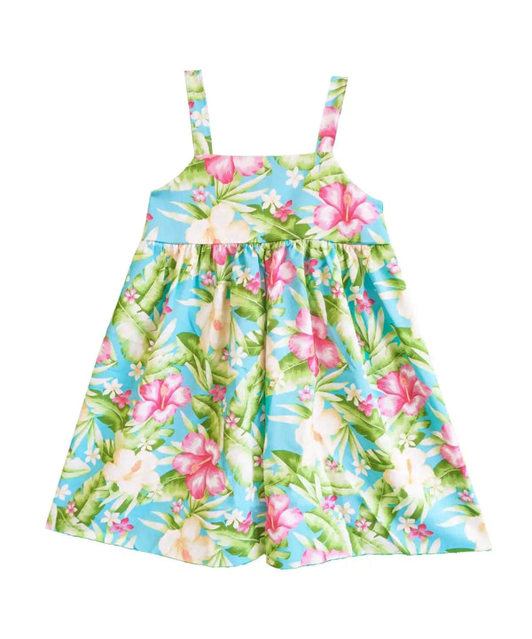Girls Hawaiian Dress Wide Strap Elastic Back Watercolor Hibiscus