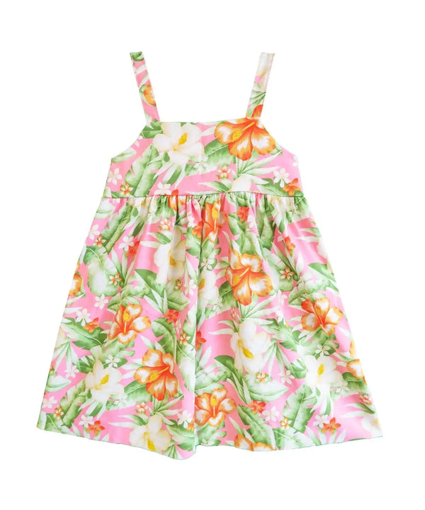 Girls Hawaiian Dress Wide Strap Elastic Back Watercolor Hibiscus