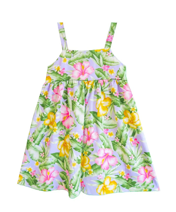 Girls Hawaiian Dress Wide Strap Elastic Back Watercolor Hibiscus