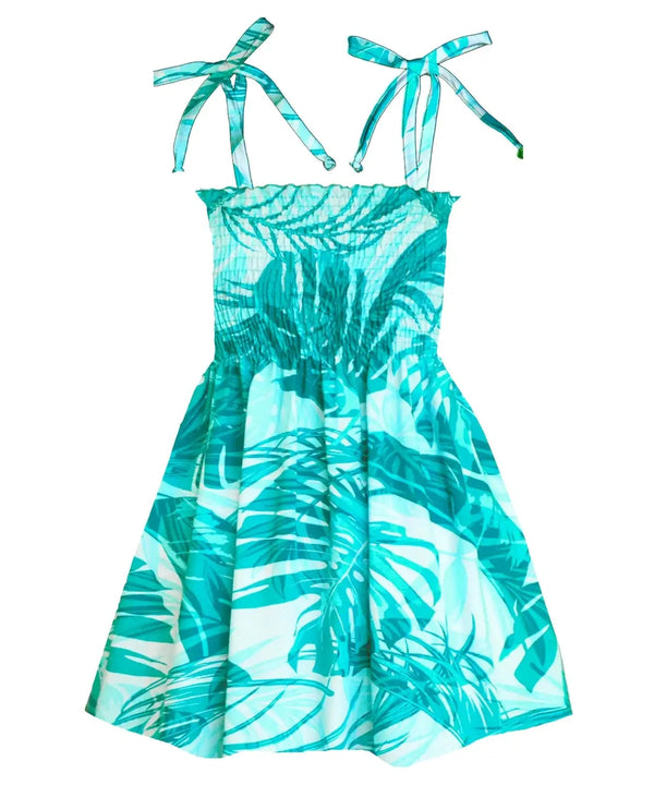 Monstera Paradise Girls’ Hawaiian Smocked Dress Aqua