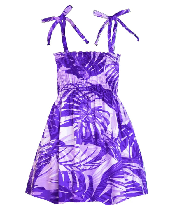 Monstera Paradise Girls’ Hawaiian Smocked Dress Purple
