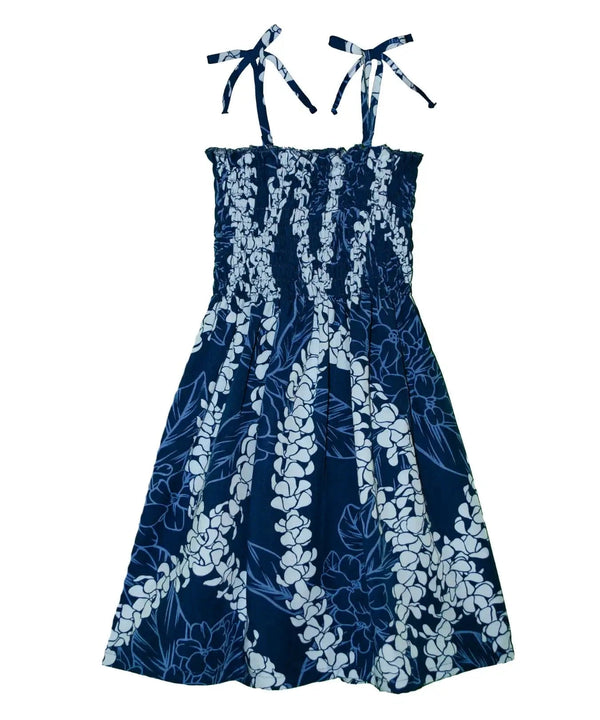 Plumeria Lei Print - Girls’ Hawaiian Smocked Dress Navy