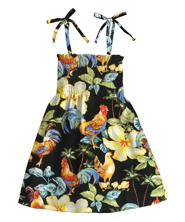 Roosters Up Girls Hawaiian Dress Smocked Top Black