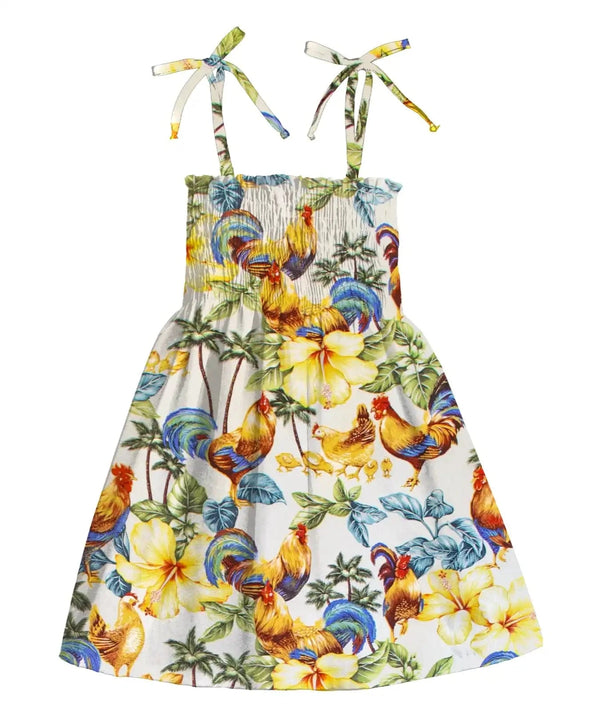 Roosters Up Girls Hawaiian Dress Smocked Top White